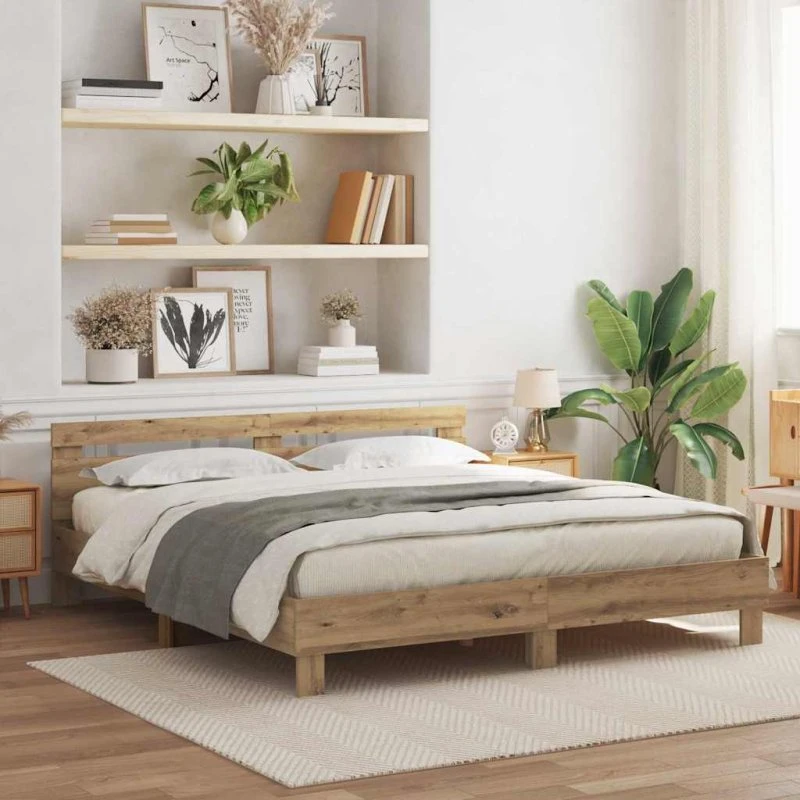 vidaXL Sengestel Artisan Egetræ 200 x 200 cm med LED