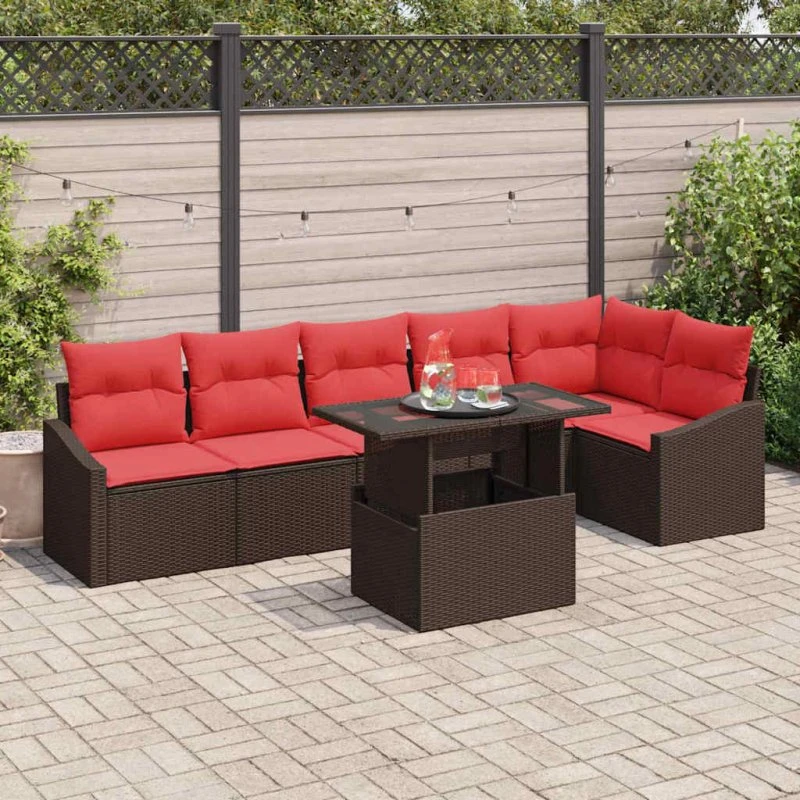 vidaXL Havesofa Sæt 7 dele i Brun/Rød Polyrattan