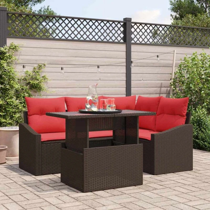 vidaXL Havesofa Sæt 5 dele - Brun og Rød Polyrattan