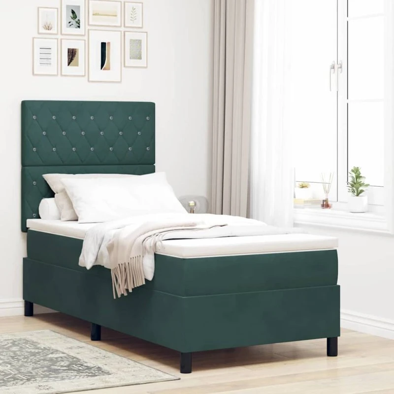 vidaXL LED Box Spring Bed 90x190 cm Mørkegrøn Fløjl m. madras