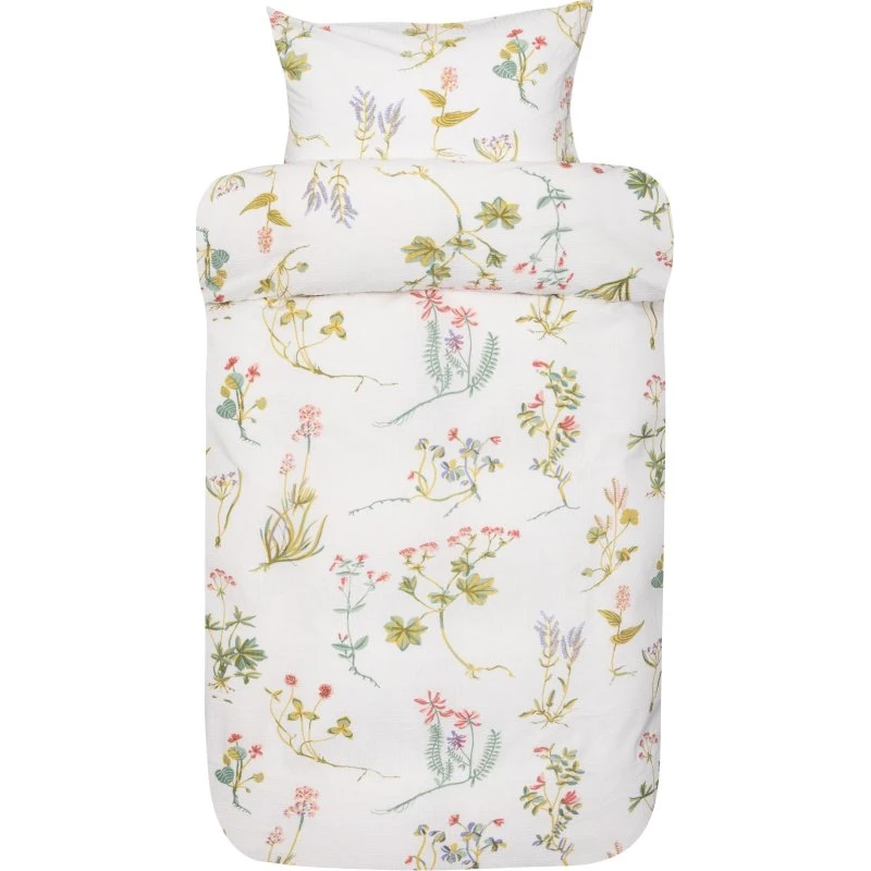 Fiona Høie Vævet krepp sengesæt 140x200 cm - Hvid med blomster