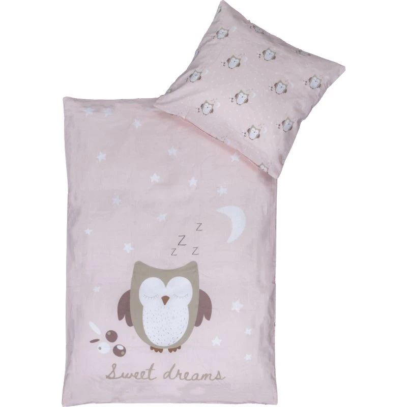Ugle sengetøj til baby 70x100 cm – lyserød, vendbar