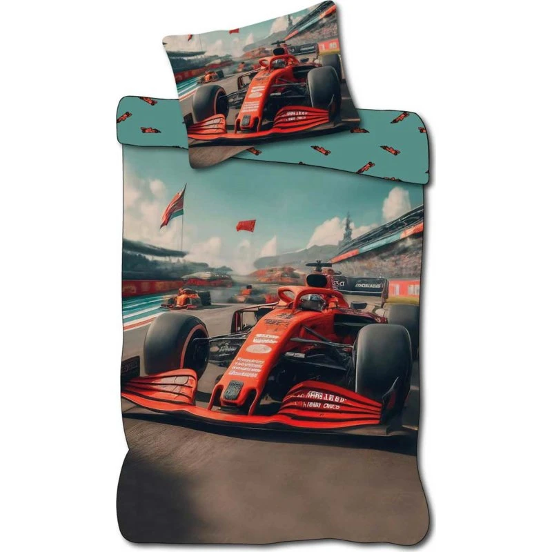 Børne sengetøj 140x200 cm - Vendbart racerbilsæt, 100% bomuld