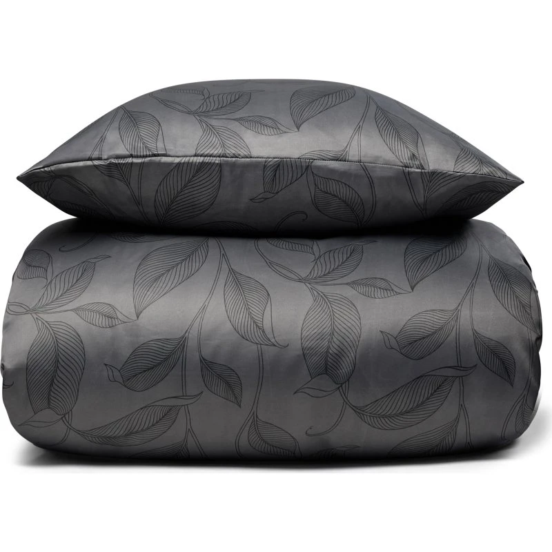 Sort satin sengetøj med blade 140x200 cm - IN Style