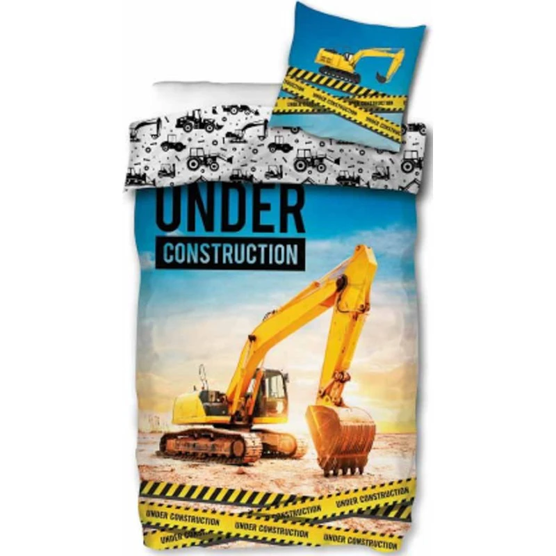 Børnesengetøj 140x200 cm – Gul gravemaskine, vendbart 100% bomuld