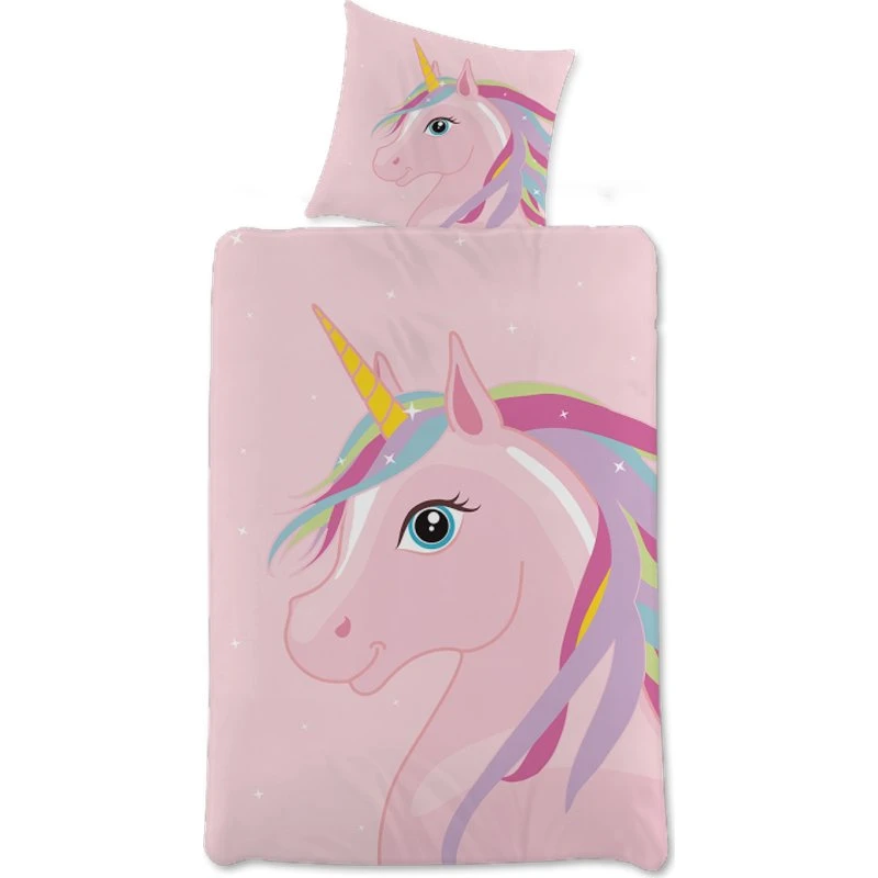 Børnesengetøj 140x200 - Lyserød vendbar enhjørning