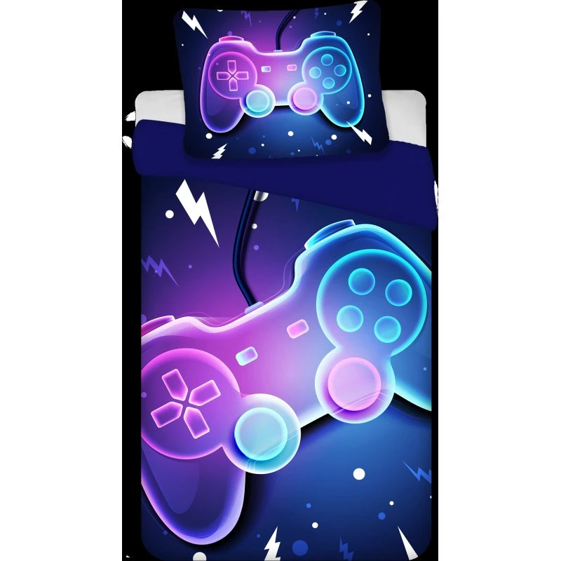 Gamer sengetøj 140x200 - Blåt vendbart bomuldssæt