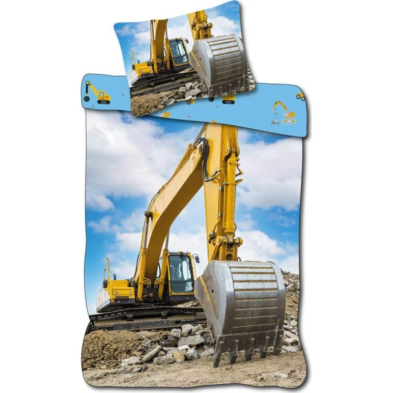 Børne sengetøj 140x200 cm - vendbart med gul gravemaskine