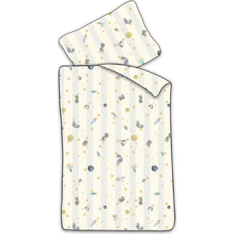 Junior sengetøj 100x140 cm – Hvidt stribet med dinosaurer & raketter