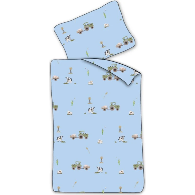 Baby sengetøj 70x100 cm – Blåt traktor- og køer-motiv