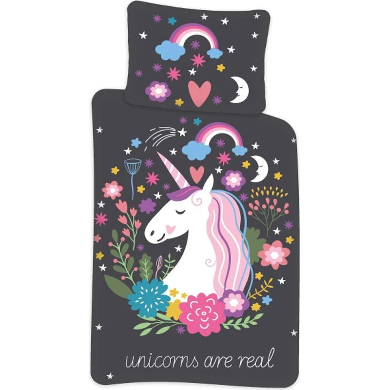 Enhjørning sengetøj 140x200 cm – selvlysende 100% bomuld