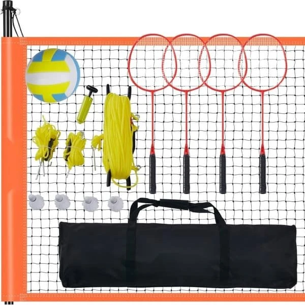 Volleyball- og badmintonsæt med net, stålstænger og taske