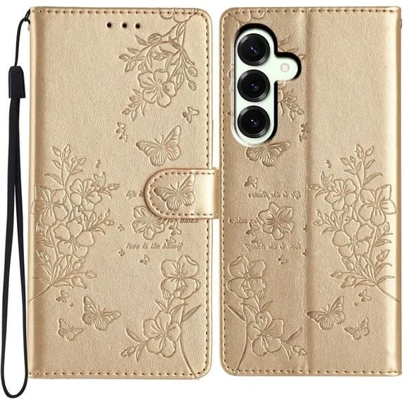 Samsung Galaxy S25 FE Wallet-etui med sommerfugle-mønster - Guld