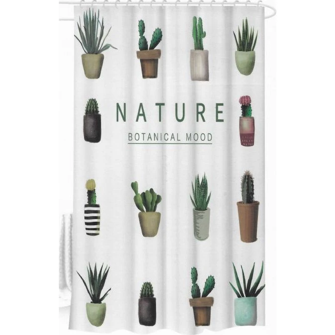 Badeforhæng 180x180 cm - Hvid med planter