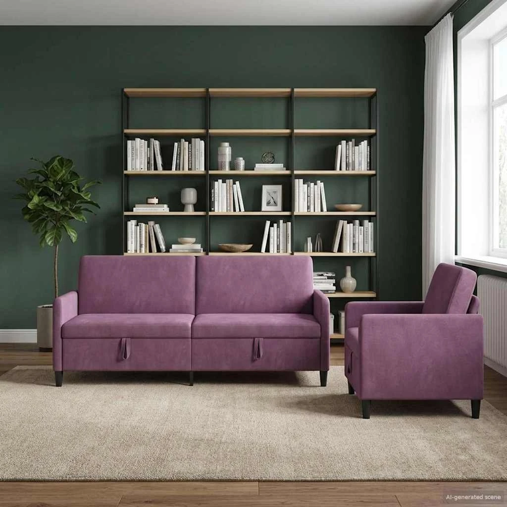 vidaXL Sofasæt 2 dele i lilla polyester med opbevaring