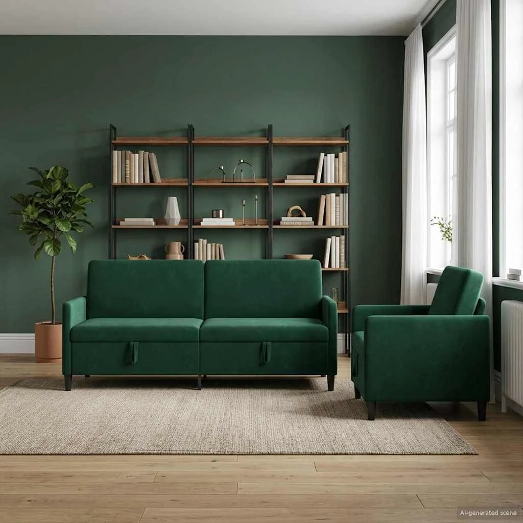vidaXL Sofasæt 2 stk. med opbevaring - Mørkegrøn Polyester