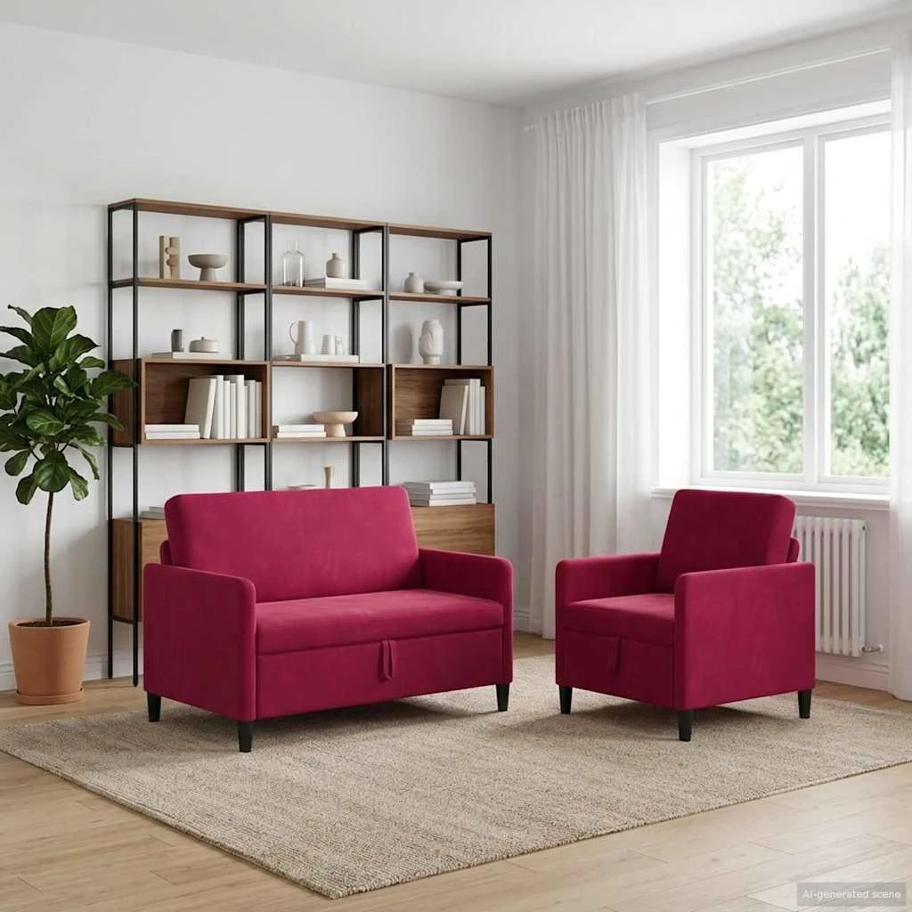 vidaXL Sofasæt 2 stk. med opbevaring - Vinrød Polyester