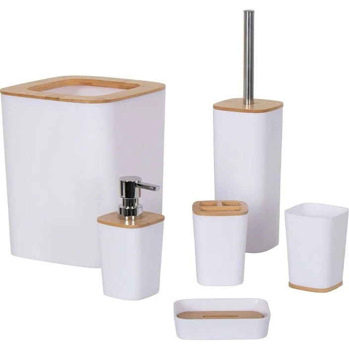Badeværelsessæt 6 dele – hvid plast og bambus