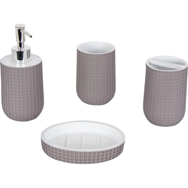 Badeværelsessæt 4 dele i gråt/hvidt – præget polyresin