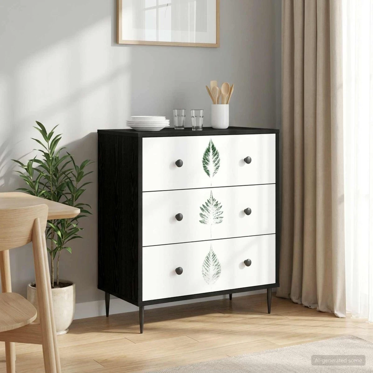 vidaXL HANAU Kommode Sort Eg med Grønt Bladmønster 66x36,5x76 cm