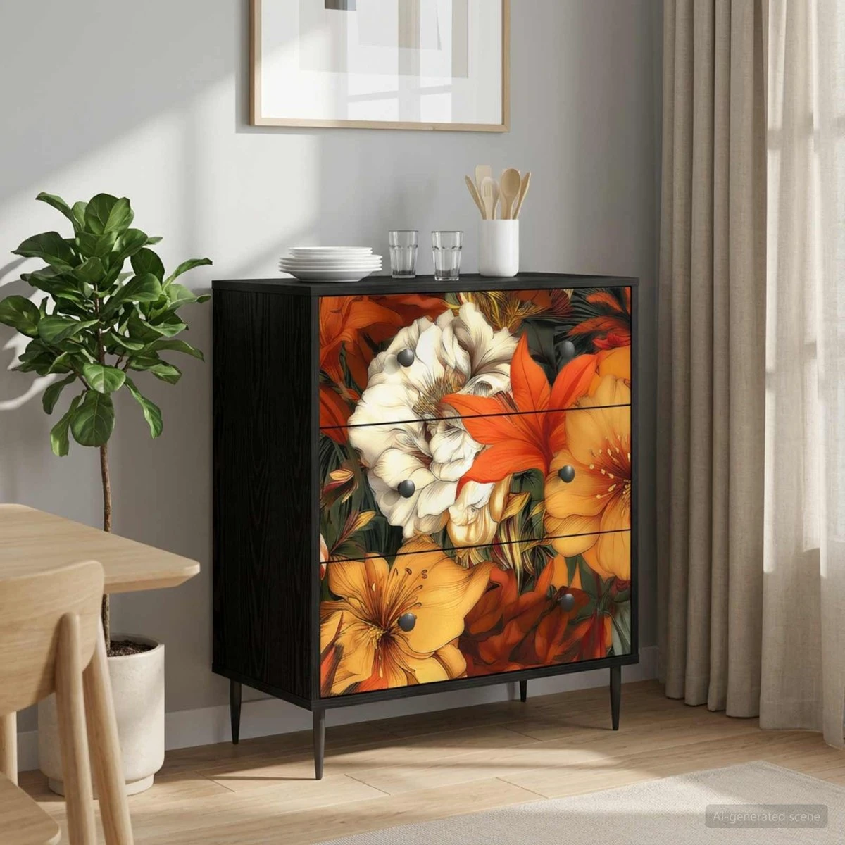 vidaXL Skuffeskab GENNEP Liljemønster Sort Eg 66 x 36,5 x 76 cm