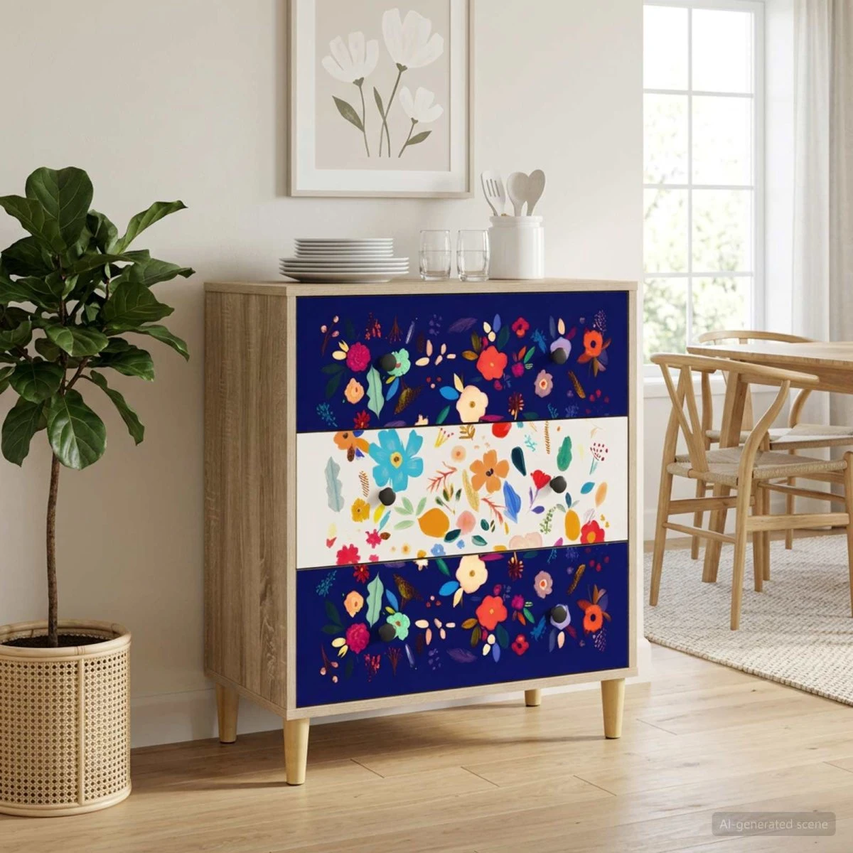 vidaXL MAINZ Skuffeskab med blomsterprint i Sonoma-eg, 66x36,5x75 cm