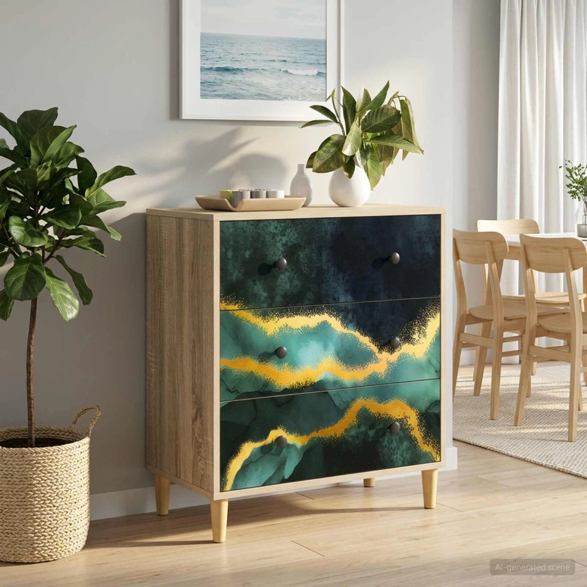 vidaXL Skuffeskab WIJHE Teal Marmorprint & Sonoma-eg 66x36,5x75 cm