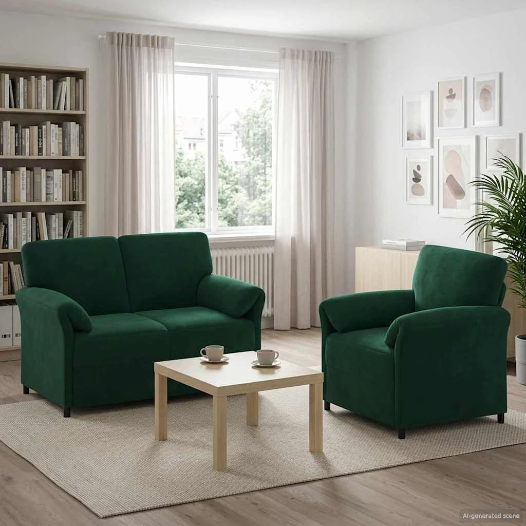 vidaXL Sofasæt 2 stk. i mørkegrøn fløjl