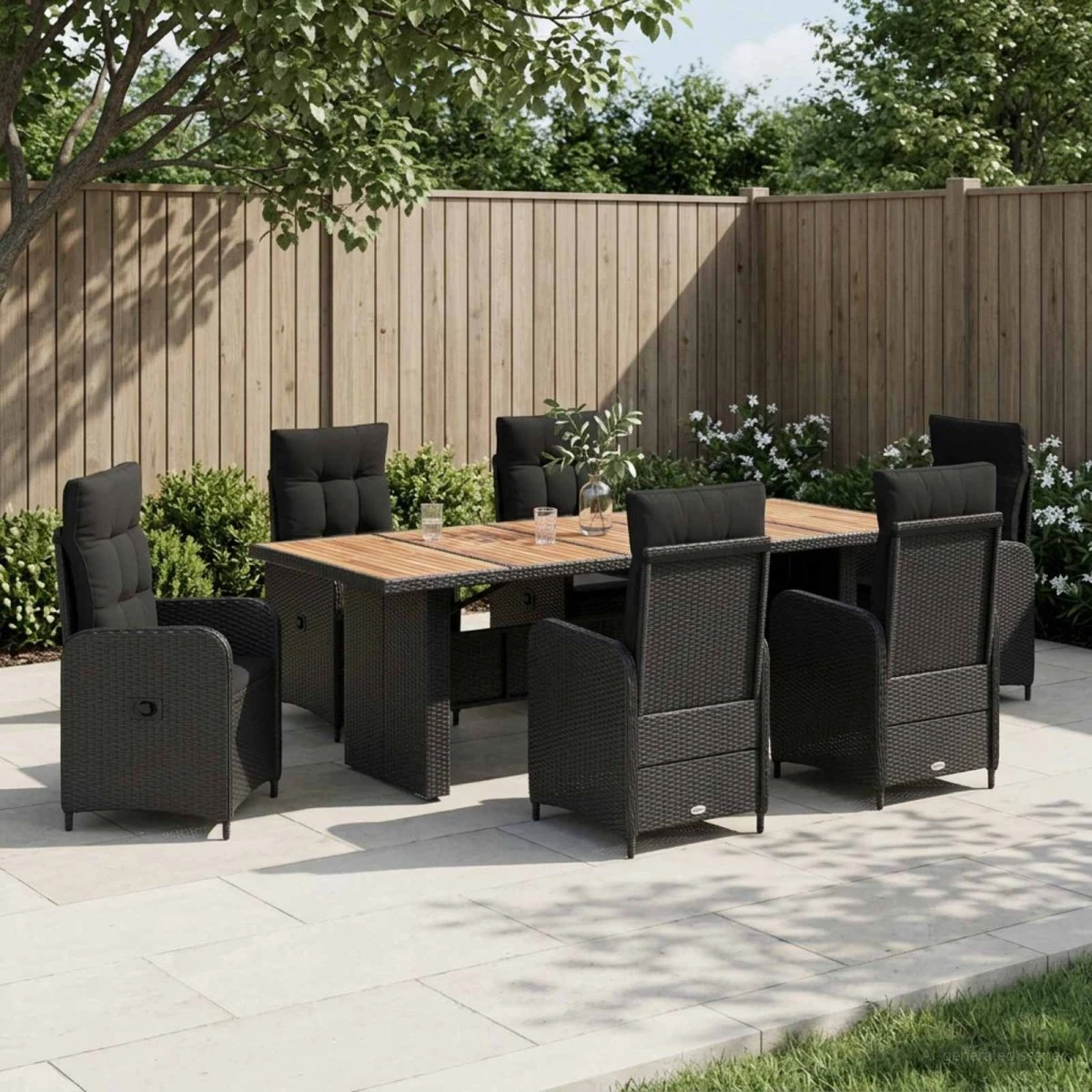 vidaXL Udendørs spisesæt 7 dele i sort polyrattan og akacietræ