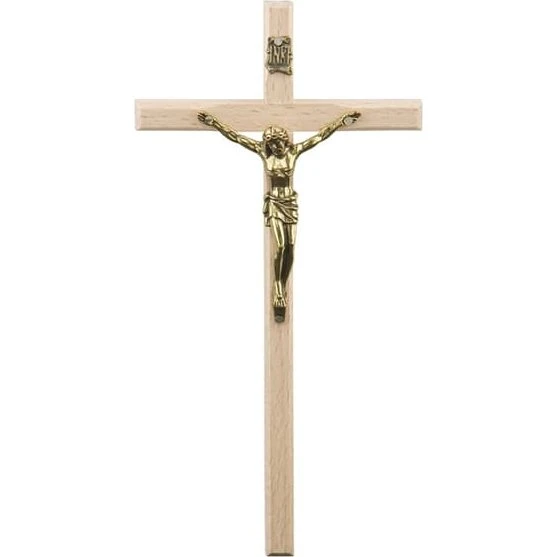 Træhængende kors i bøgetræ med Kristus-motiv, 19,5 cm
