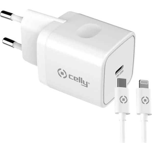 Celly 20W USB-C til Lightning oplader med kabel - Hvid