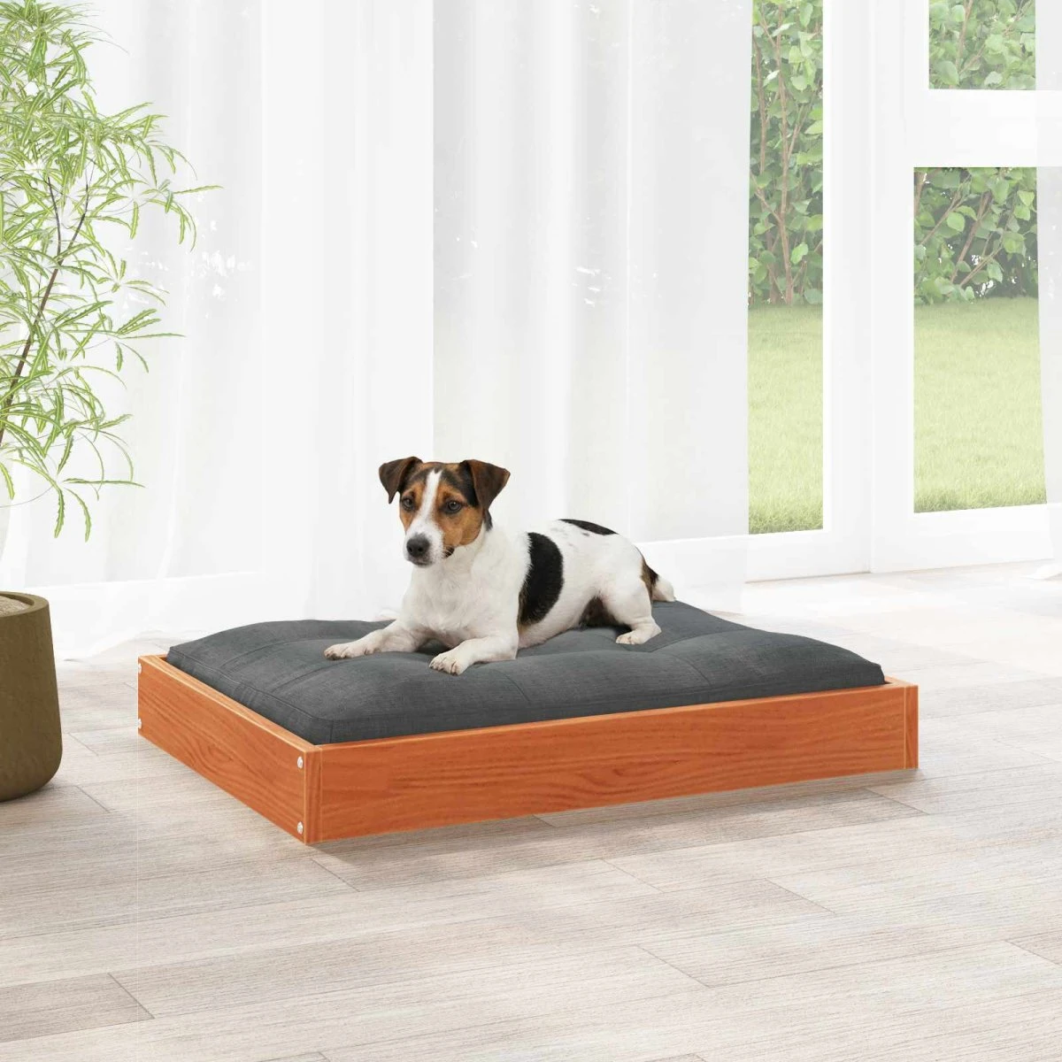 vidaXL Hundeseng i massivt fyrretræ, voks brun, 72 x 54 x 9 cm