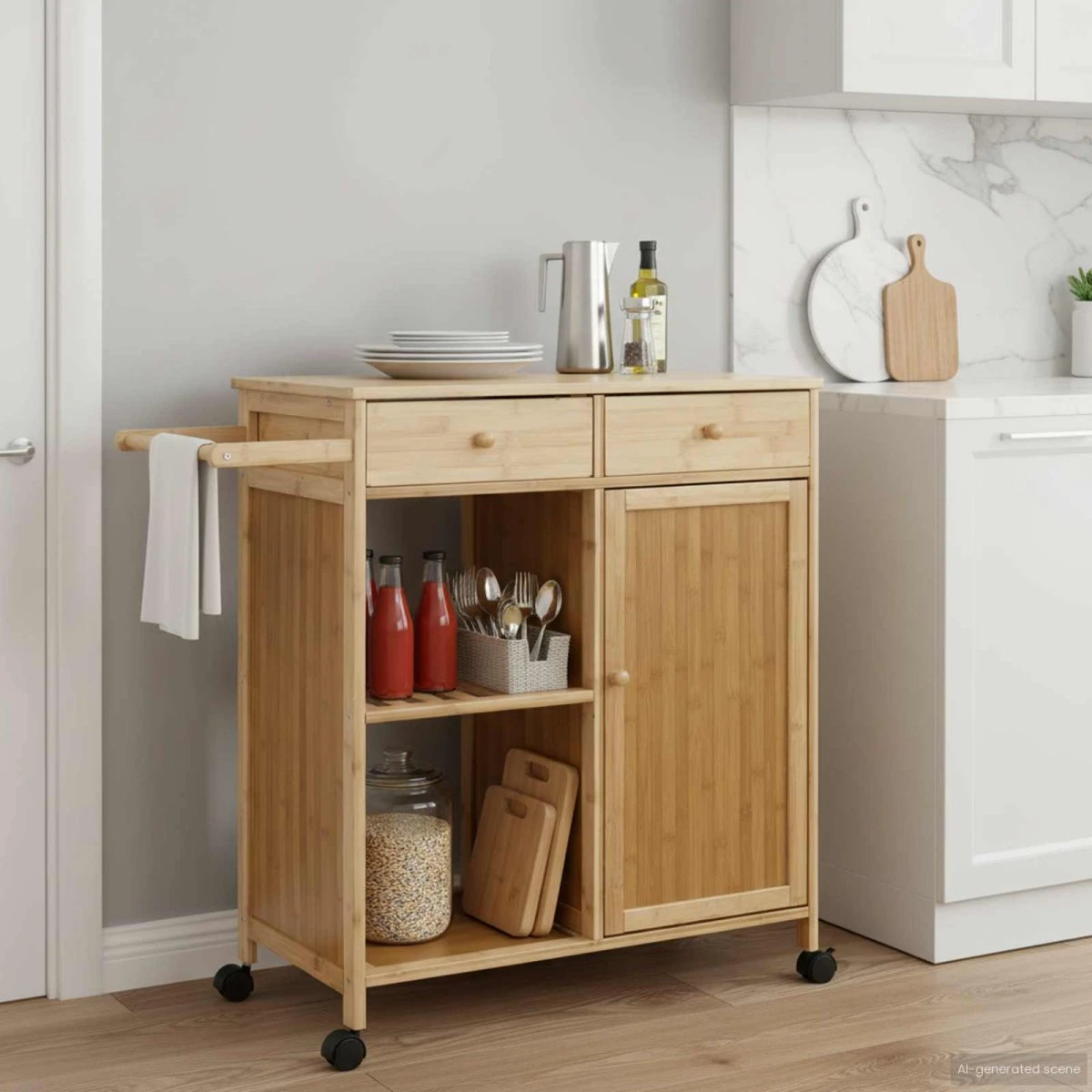 vidaXL Køkkenvogn i bambus med hjul, naturfarvet 90,5 x 36 x 86,5 cm