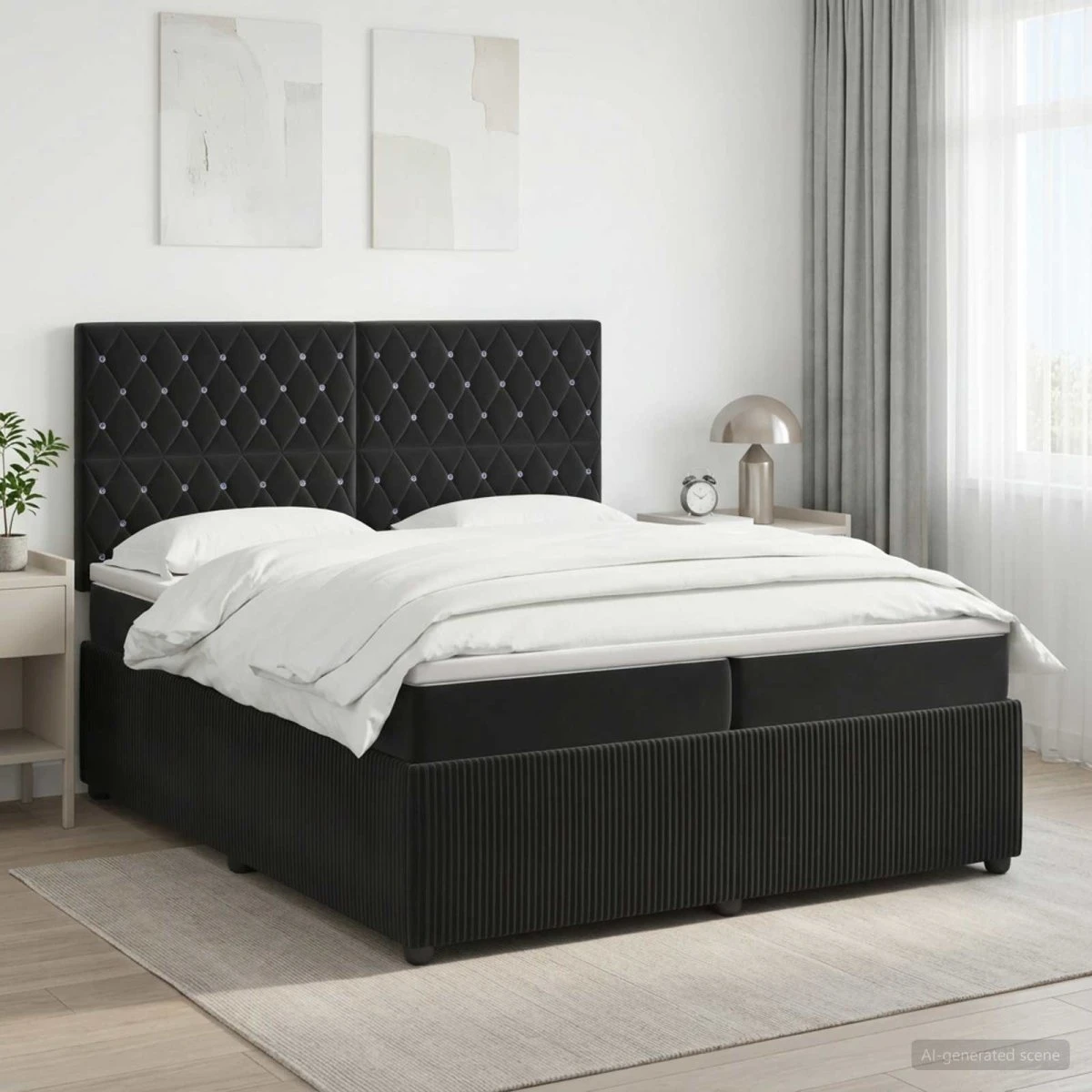 vidaXL Boxmadras med topmadras og hovedgærde, Sort Fløjl, 200x200 cm