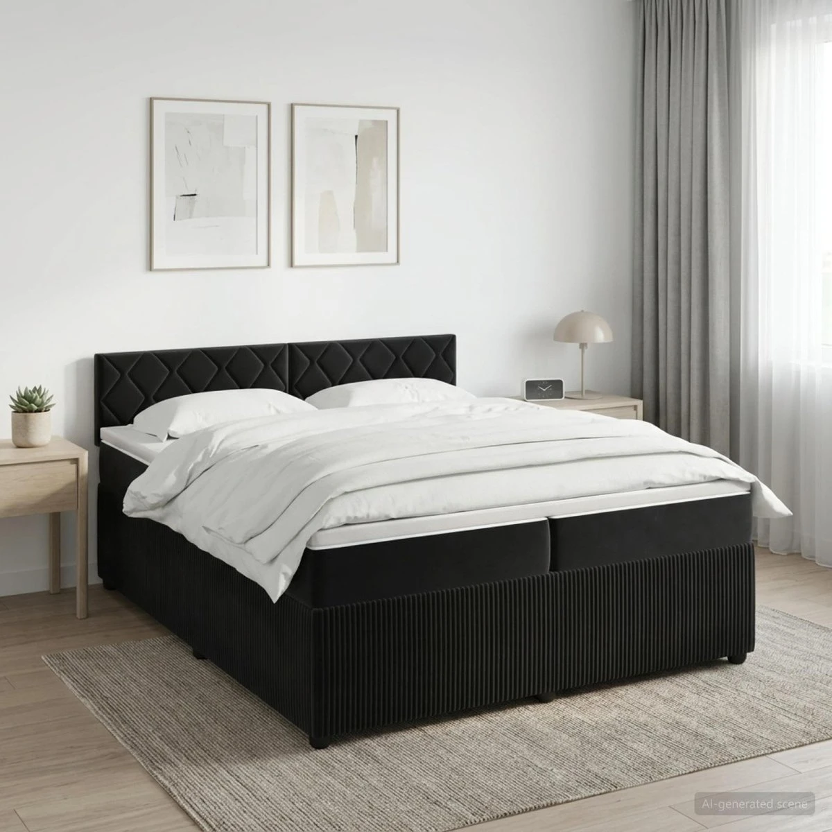 vidaXL Boxmadras med topmadras og hovedgærde, Sort Fløjl, 200x200 cm