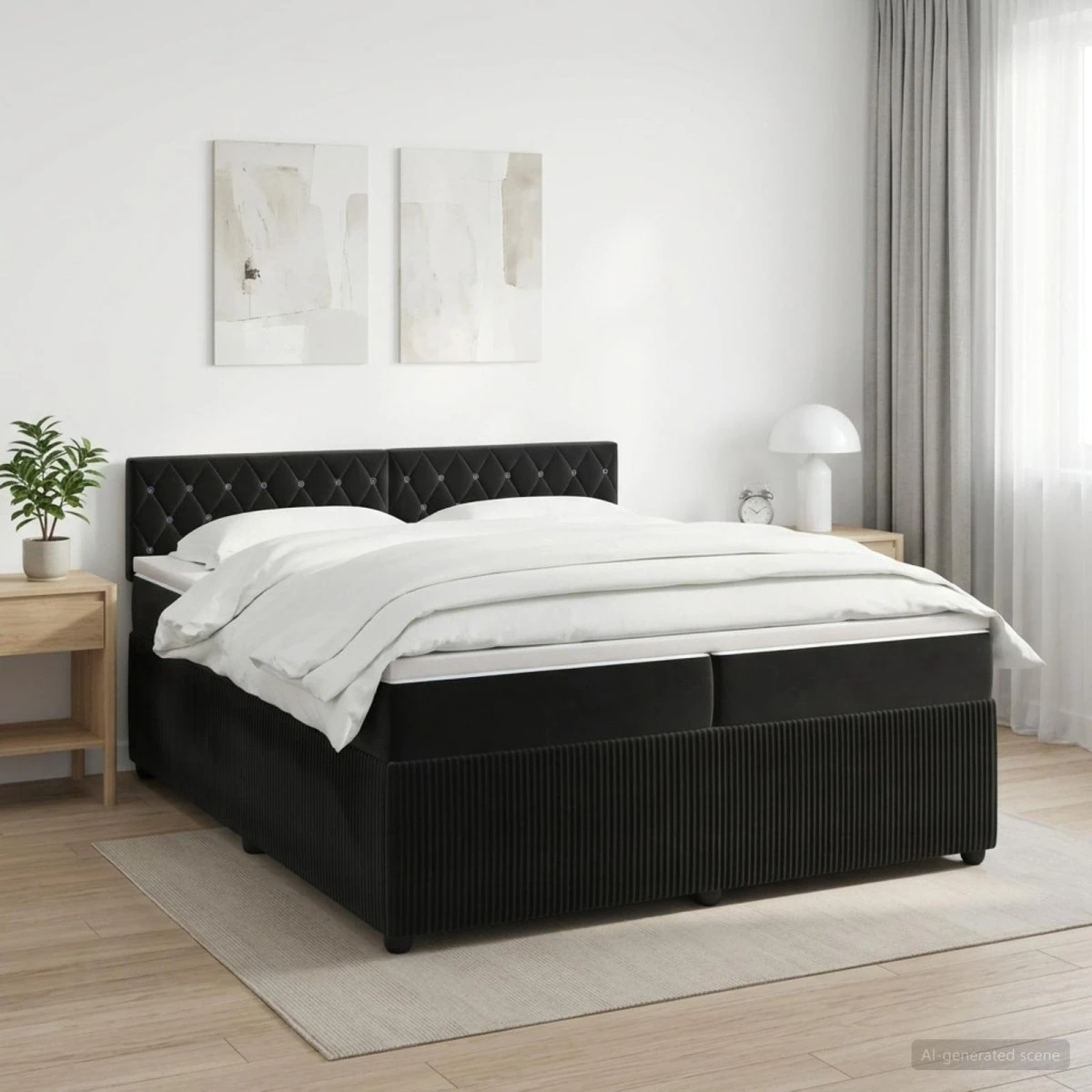 vidaXL Boxmadras med topmadras og hovedgærde, Sort Fløjl, 200x200 cm