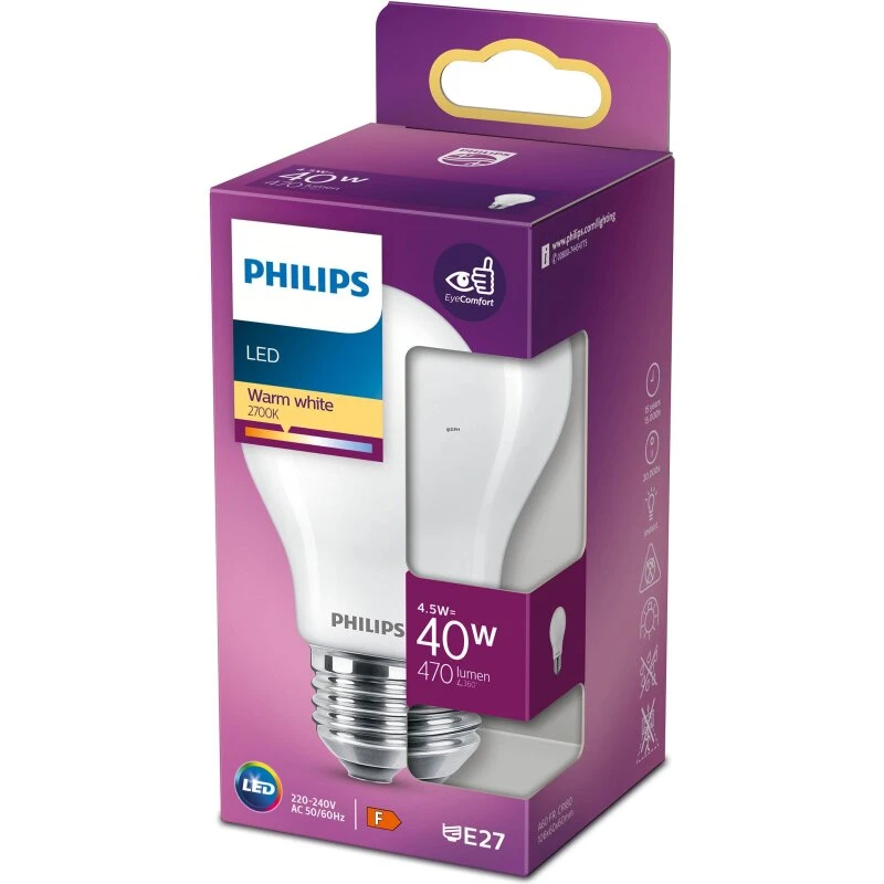 Philips LED-pære E27 4,5W (470 lm) 2700K – varm hvid