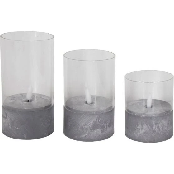 LED stearinlys i cylinderglas, 3 stk. – cement-look bund, 3D flammer