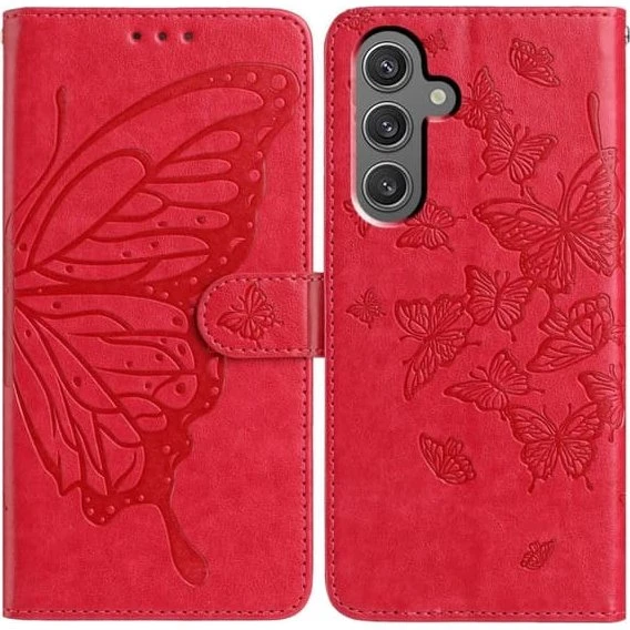 Samsung Galaxy S23 FE Etui med Sommerfuglemotiv - Rød Vegansk Læder