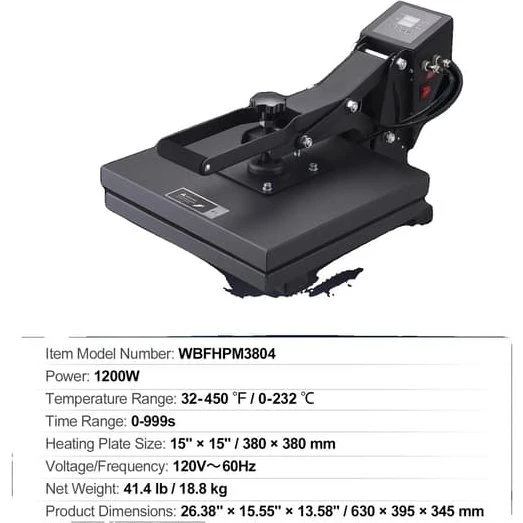 Digital Varmepresse 15x15 tommer - Sort med justerbart tryk