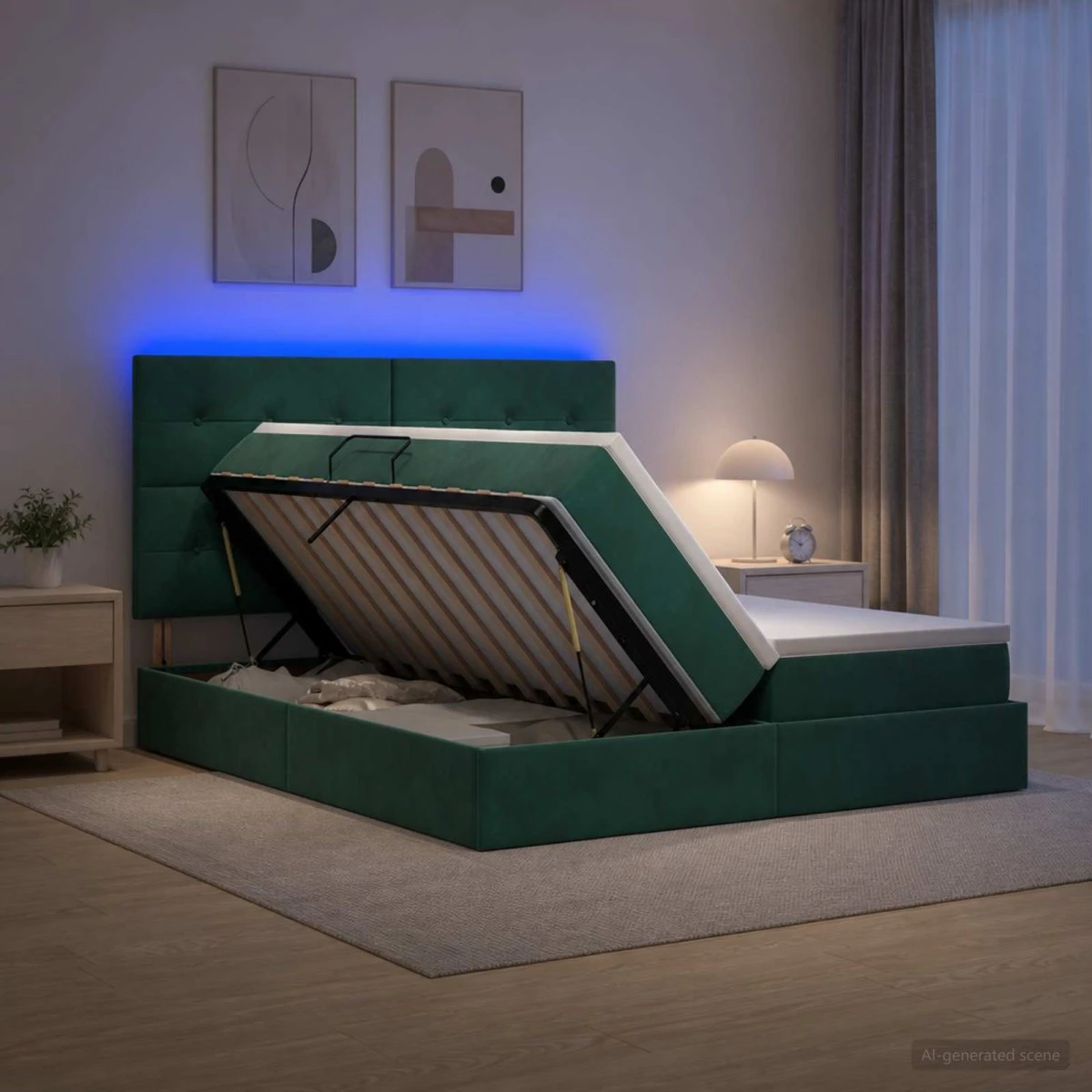 vidaXL LED Opbevaringsseng med madras, mørkegrøn fløjl 200x200 cm