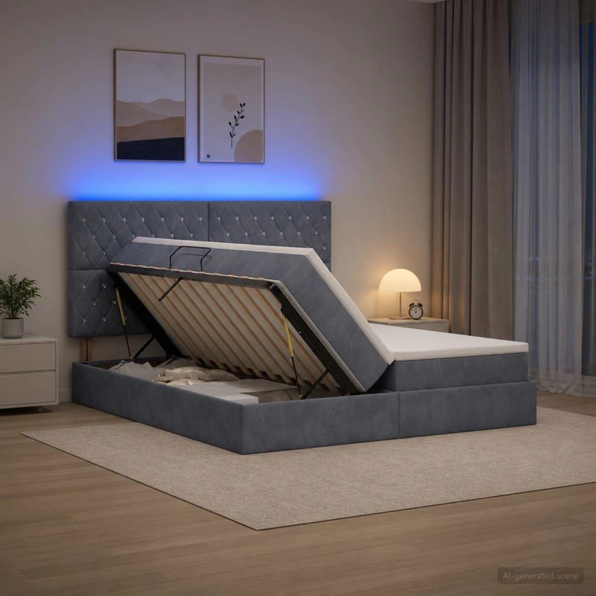 vidaXL LED opbevaringsseng med madras, mørkegrå fløjl, 180x200 cm