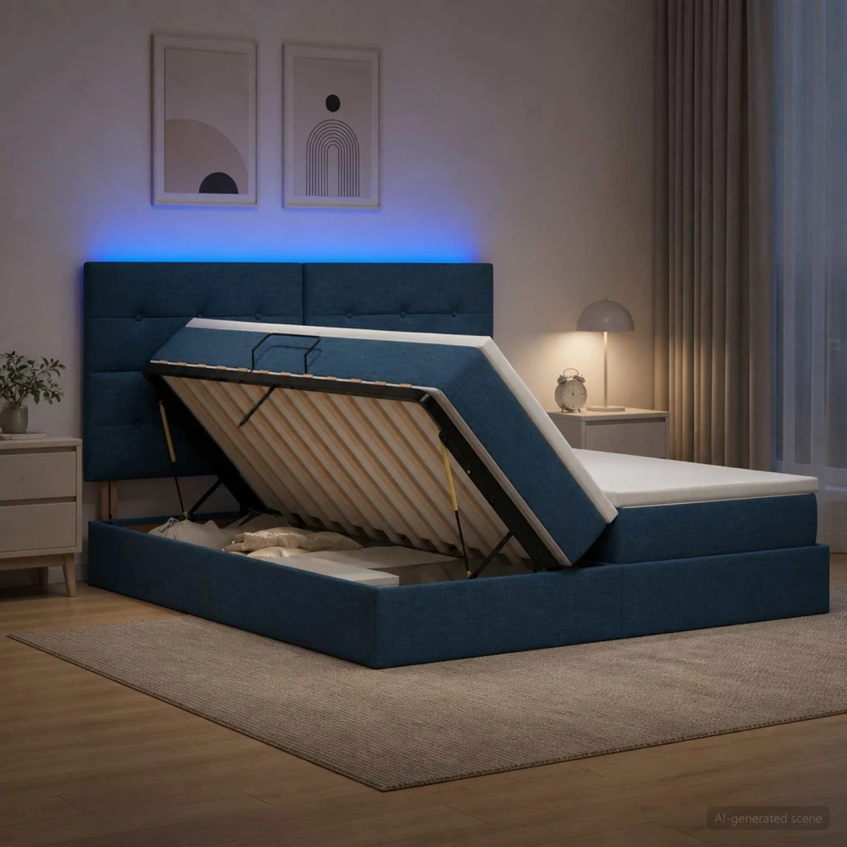 vidaXL LED Opbevaringsseng med madras, Blå, 200 x 200 cm