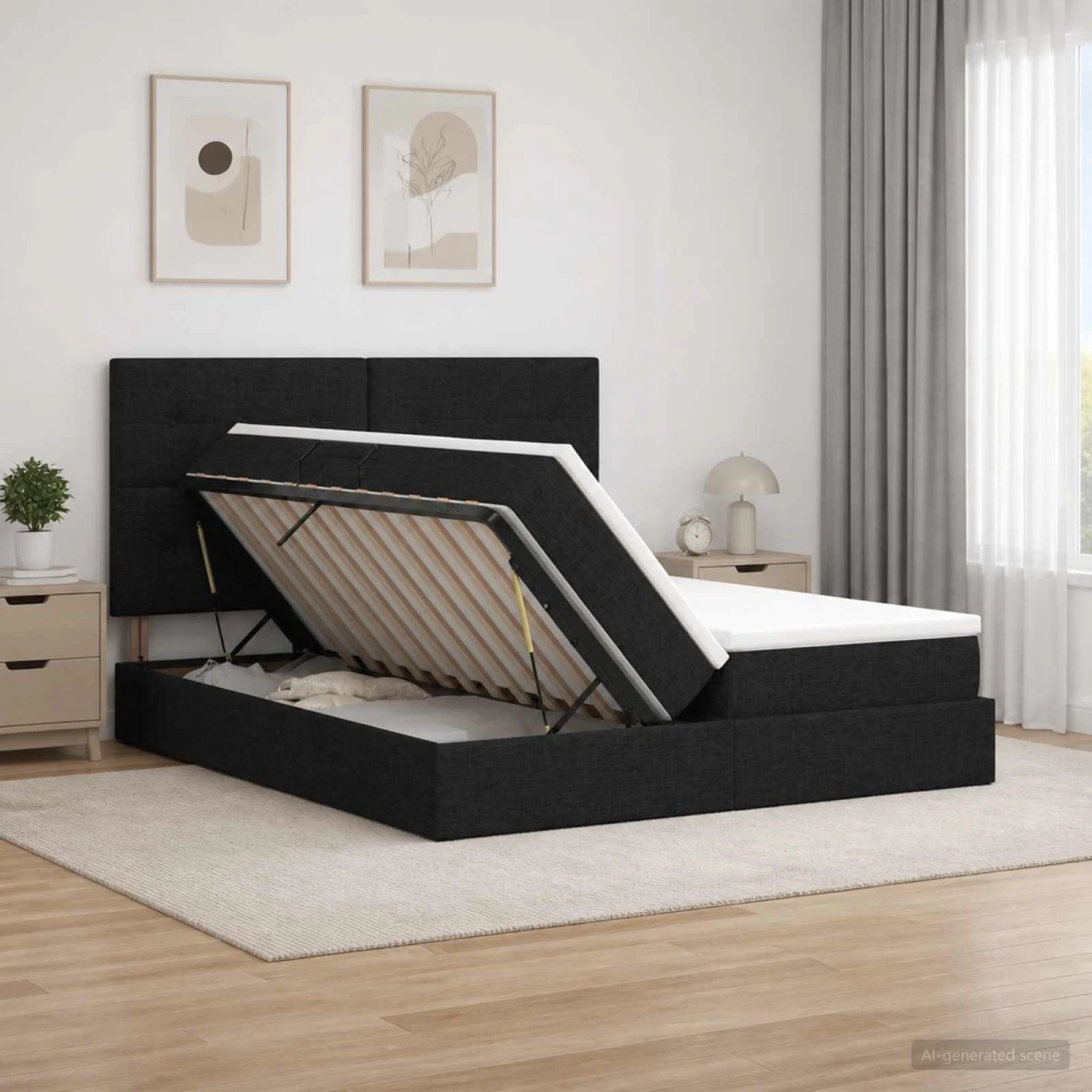 vidaXL LED Opbevaringsseng med Madrasser, Sort, 180 x 200 cm