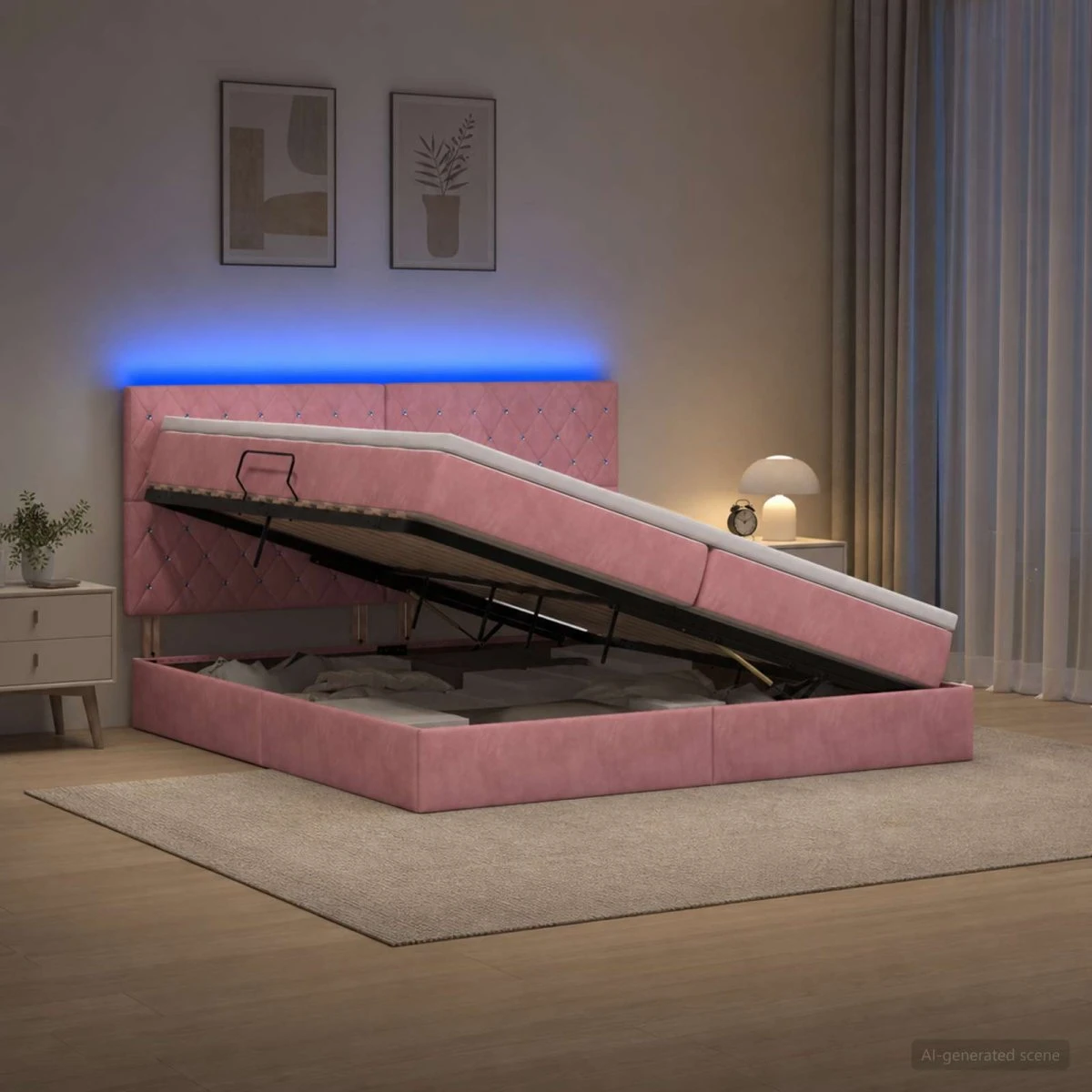 vidaXL LED Opbevaringsseng med madras, Lyserød Fløjl, 200 x 200 cm