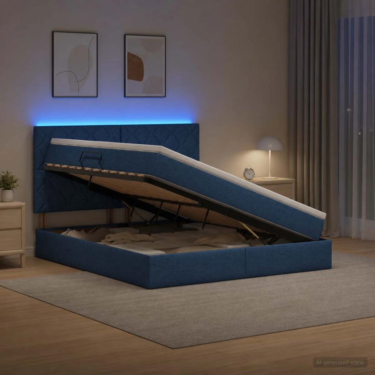 vidaXL LED Opbevaringsseng med madras, Blå, 140 x 200 cm