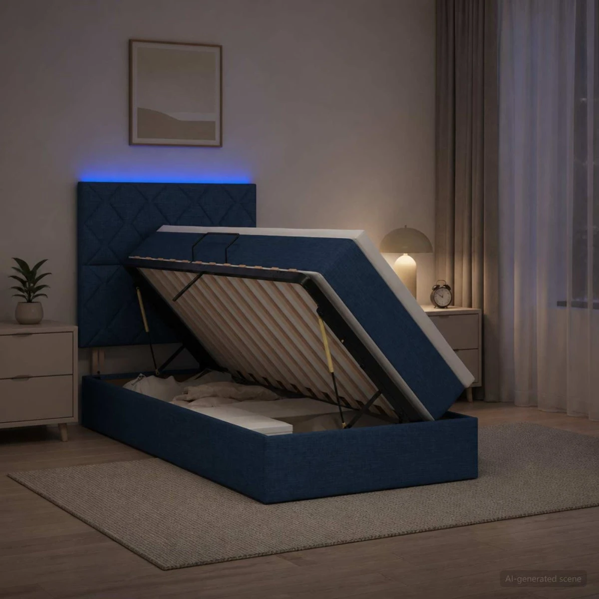 vidaXL LED Opbevaringsseng med madras, Blå, 90 x 200 cm