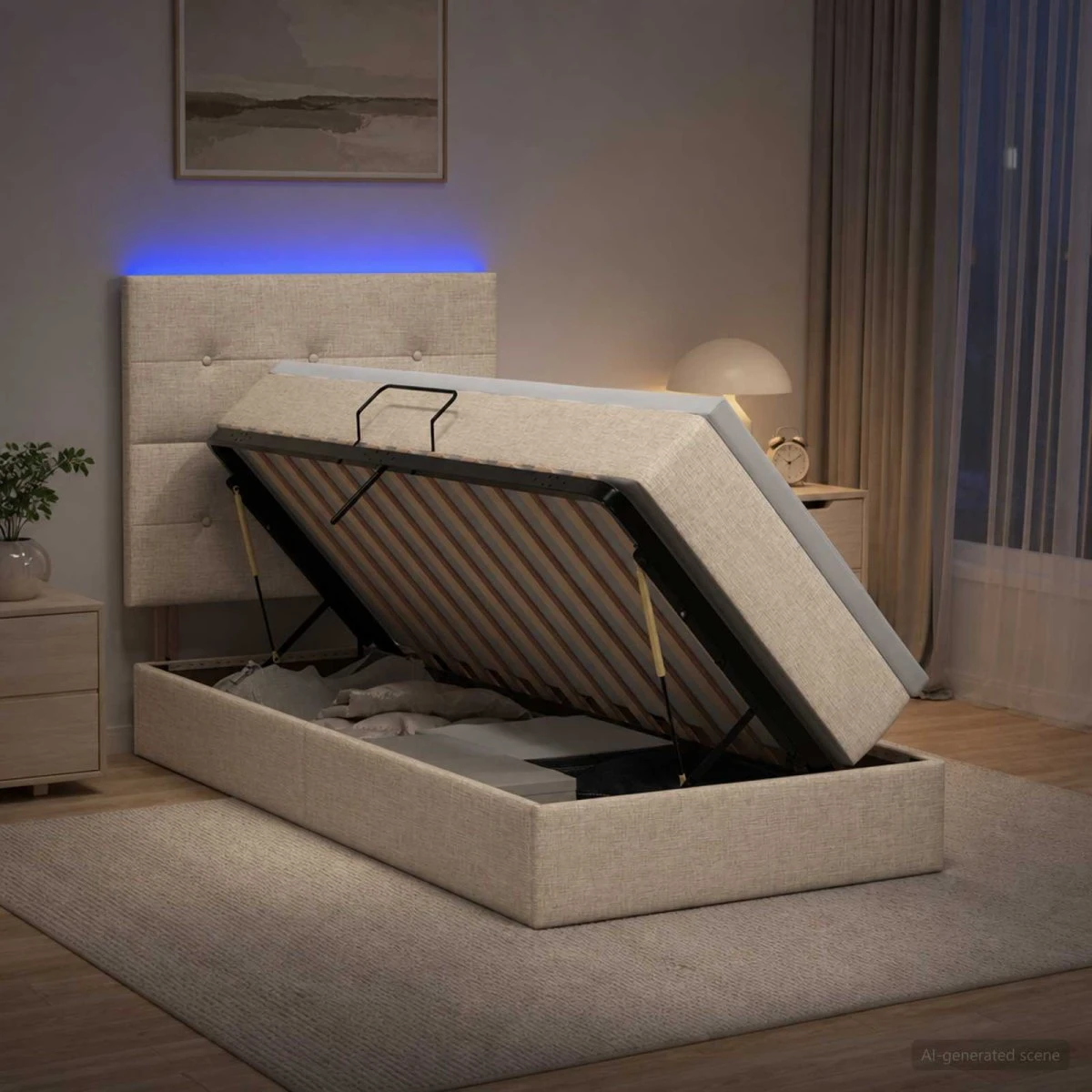vidaXL LED Opbevaringsseng med madras, Cremefarvet 90x190 cm