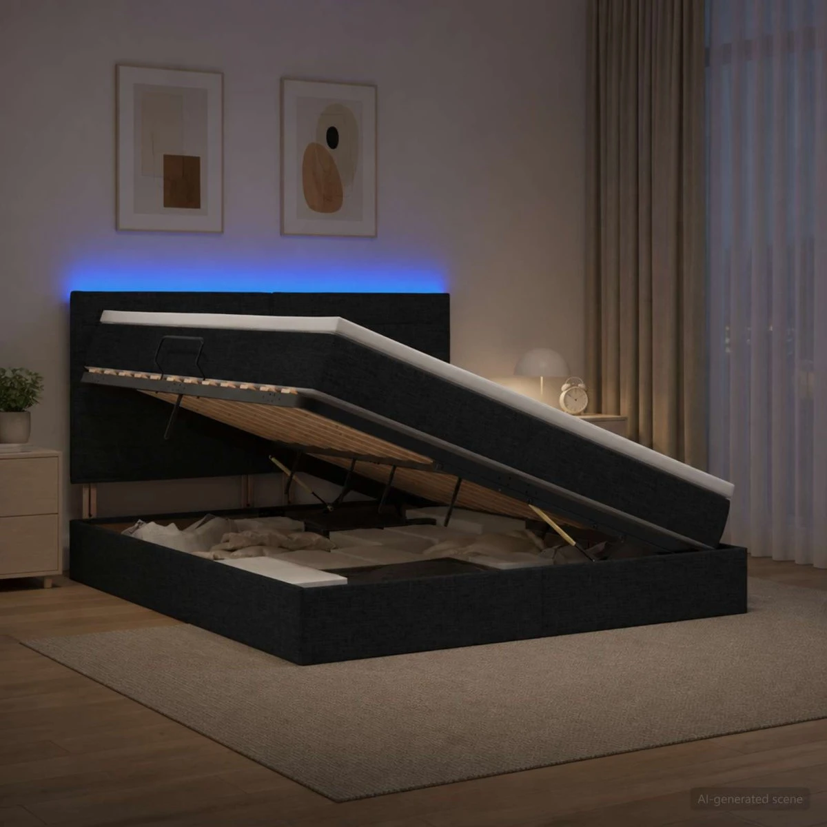 vidaXL LED Opbevaringsseng med madras, Sort, 160 x 200 cm