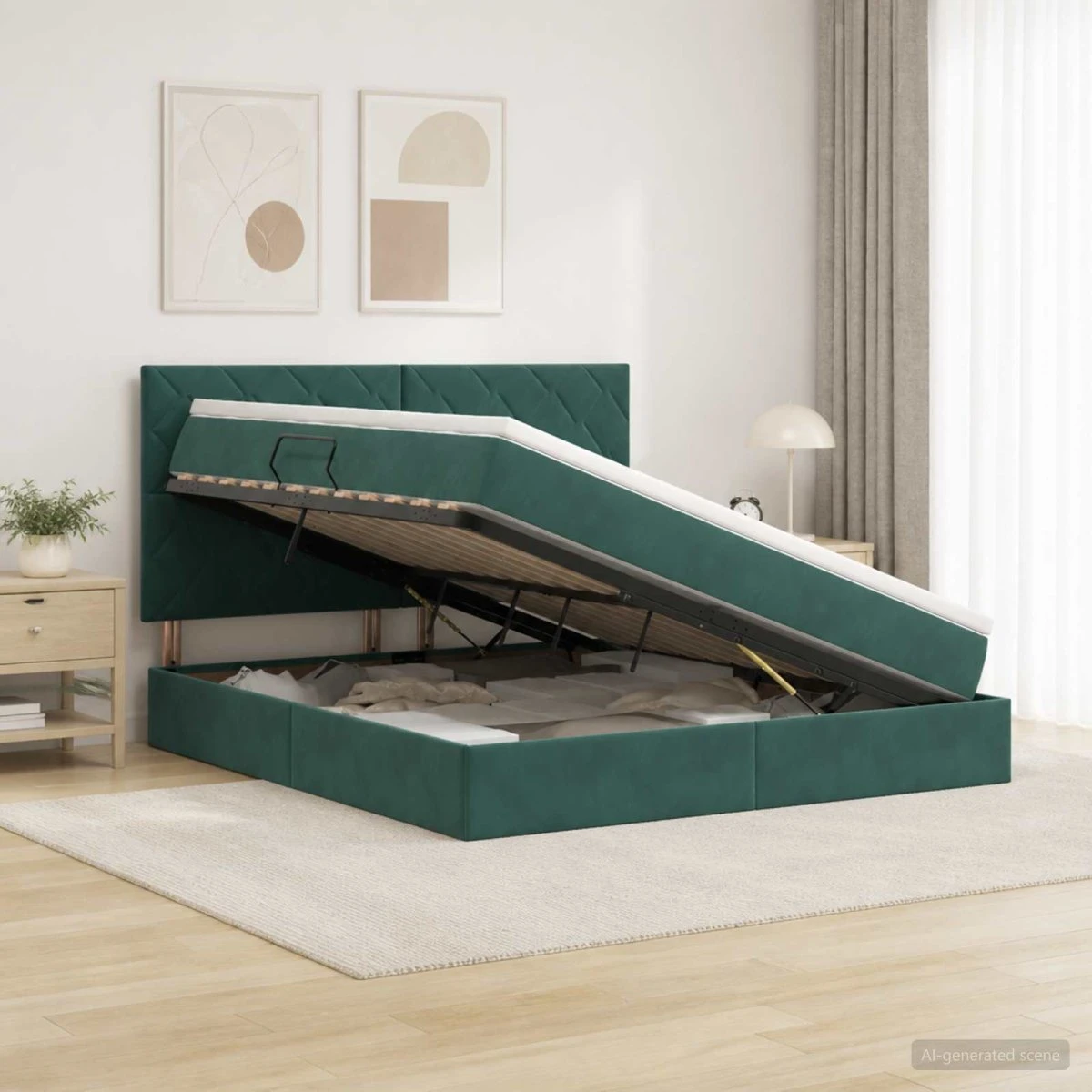 vidaXL Seng med opbevaring og madras 160x200 cm Mørkegrøn Fløjl